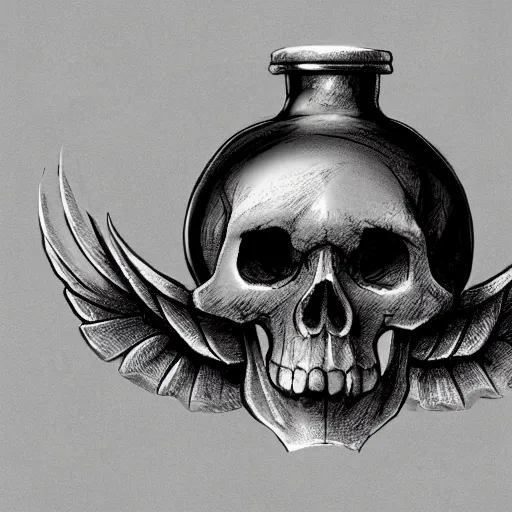 Image similar to ancient flask contains life and death essence, skull and wings cap top, blueprint drawing, concept art, raytracing