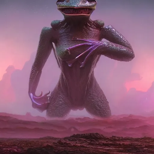 Prompt: a frog kaiju alien on a desolace planet, legendary epic shot, blade runner, by artgerm, julie bell, beeple and Greg Rutkowski, 90s, concept, Smooth gradients, octane render, 8k, High contrast, duo tone, depth of field, volumetric lightning, photo, very coherent artwork