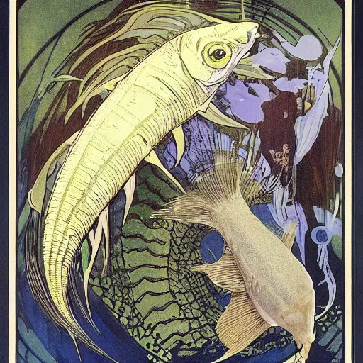 Prompt: a single fantasy hybrid animal with features of an armored catfish, the fins and legs of a sea robin, and the skin and gills of a lamprey, with six large black eyes, long tendrils, and complex markings. the animal is swiming in dark blue and purple toned water in a jagged rocky landscape by alphonse mucha and h. r. giger.