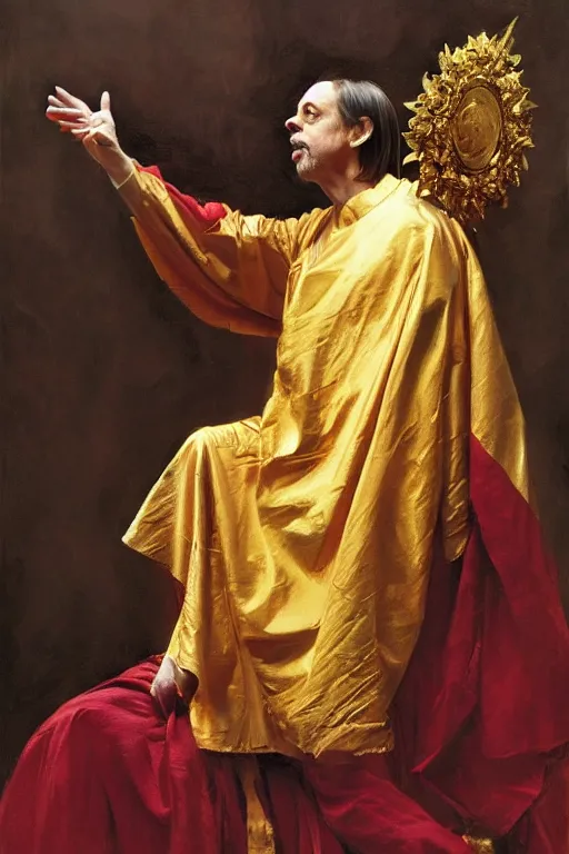 Image similar to beautiful portrait oil painting, steve buscemi wearing a golden wreath in royal crimson robes enthroned as the god emperor of ancient rome, mid - shot, by anders zorn, wonderful masterpiece by greg rutkowski, beautiful cinematic light, american romanticism, by thomas lawrence, greg rutkowski