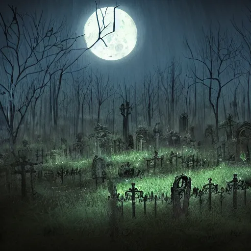 Image similar to an overgrown decrepit cemetery in the dark of night, moonlit, creepy, scary, ambient lighting, concept art