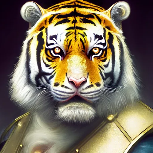 Image similar to a aesthetic award winning commission portrait of an albino tiger wearing golden victorian armour,digital art,art by greg rutkowski,character design by charles bowater,ross tran,photorealistic,detailed face,high quality,deviantart,artstation,characzer concept