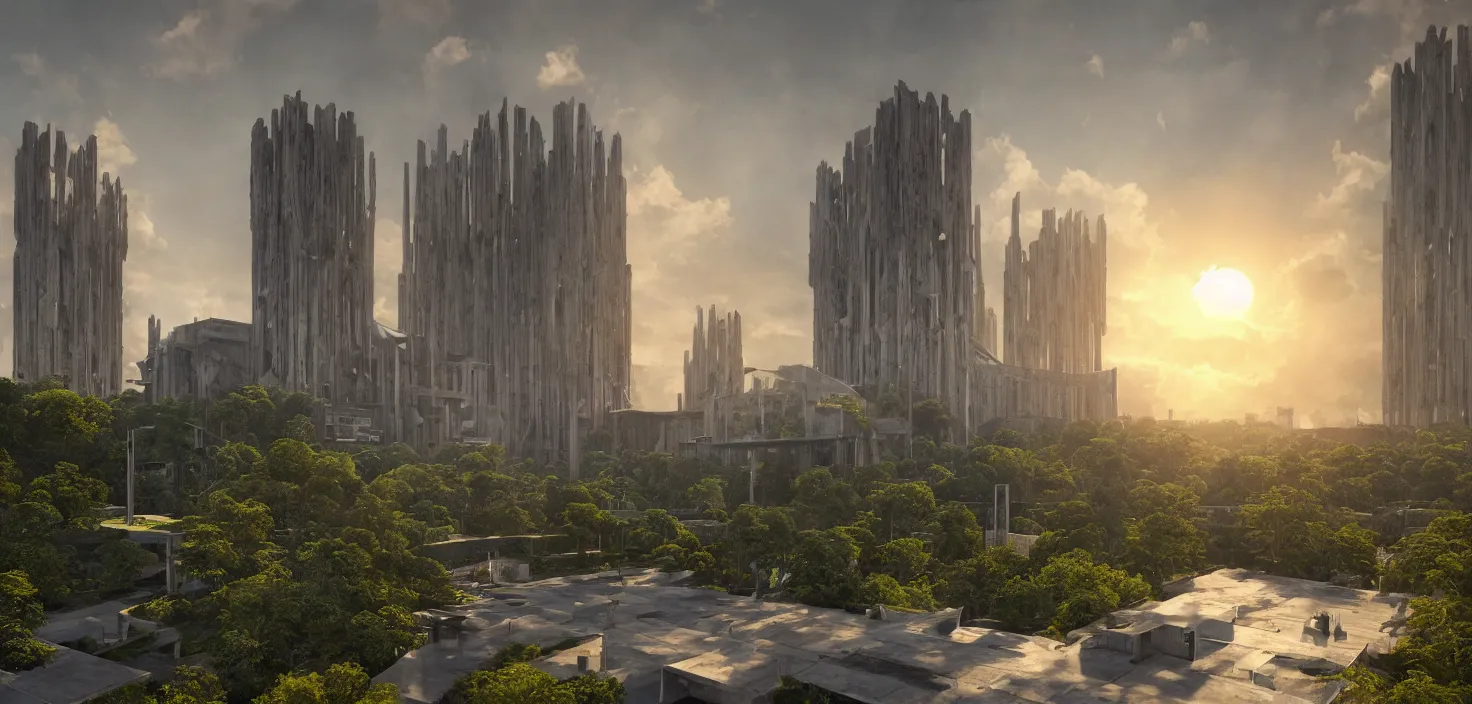 Image similar to an extremely detailed cathedral of brutalist architecture, surrounded by lush green vegetation, stunning volumetric lighting, sunset, metal, concrete, translucent material, stunning skies, 8k, photorealistic, hyper detailed, unreal engine 5, IMAX quality, cinematic, epic lighting, digital painting in the style of DOOM and Quake, by Greg Rutkowski, trending on Artstation