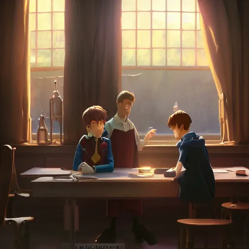 Prompt: a wholesome animation key shot of harry potter students, medium shot, studio pixar and disney animation, sharp, very detailed, high resolution, rendered in unreal engine 5, anime key art by greg rutkowski, bloom, dramatic lighting