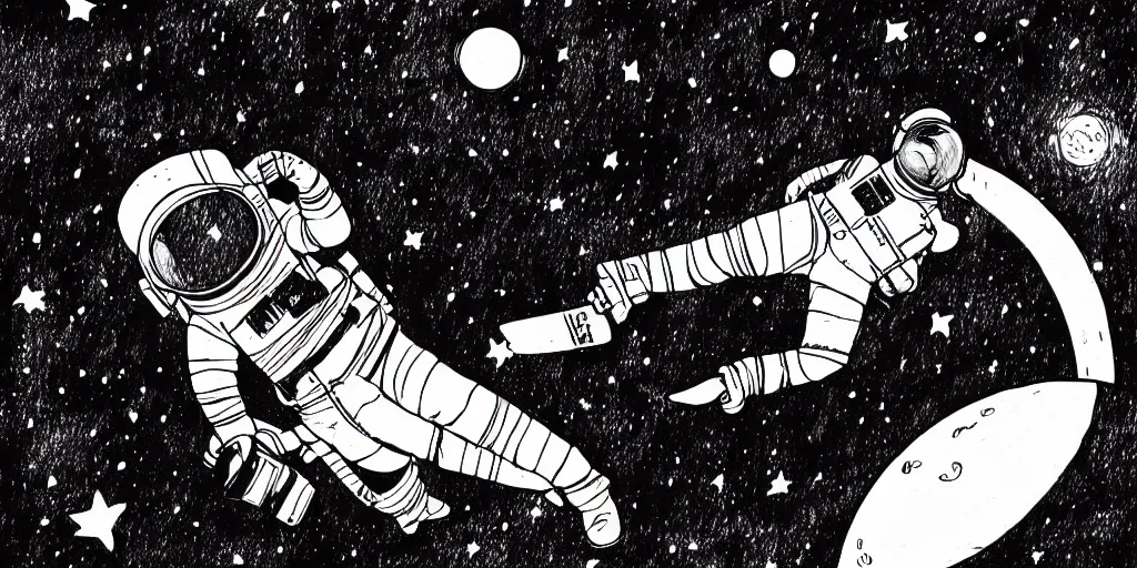 Image similar to ink lineart drawing of a lone female astronaut floating in space, wide angle, space background, artstation, etchings by goya, chinese brush pen, illustration, high contrast, deep black tones contour