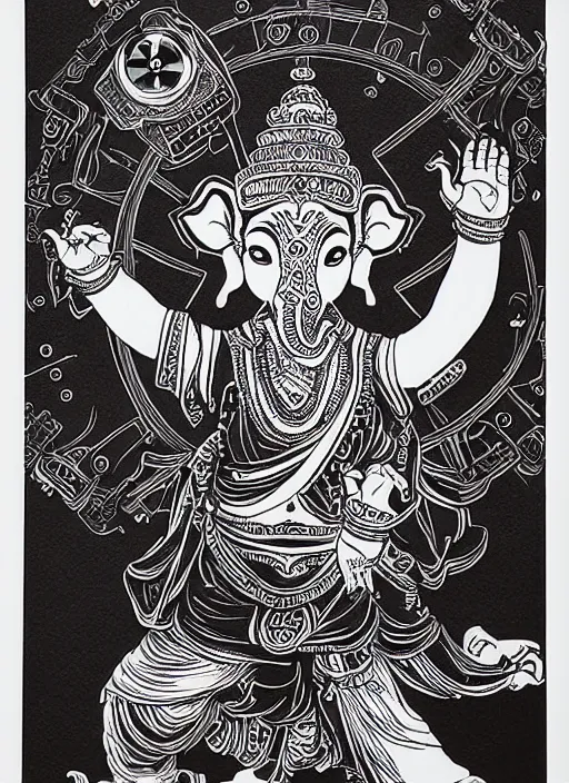 Image similar to black ink line art drawing, 6 armed ganesh dancing holding an old school boombox, high details, intricately detailed, by vincent di fate, artgerm julie bell beeple, inking, 1 9 9 0 s, vintage 9 0 s print, screen print