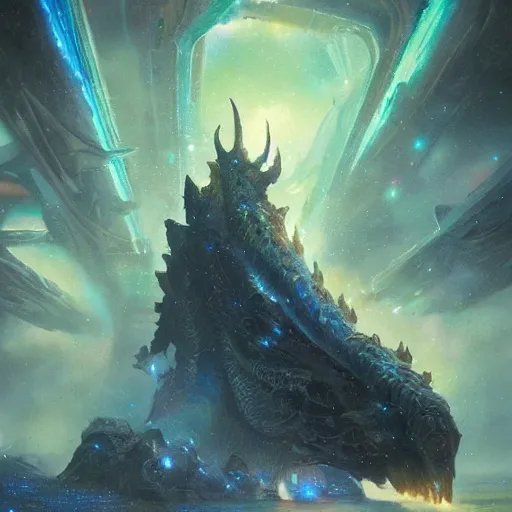 Image similar to matte digital artwork of the galactic beast, iridescent scales, by greg rutkowski and tim white