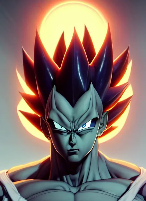 Image similar to by greg rutkowski, symmetry, concept art by artgerm, distance portrait of a hyper realistic prince vegeta, intense, epic, ssj, alphonse mucha, octane render, highly detailed, high quality, 8 k, soft lighting, path traced, and uang guangjian and gil elvgren, symmetry!!