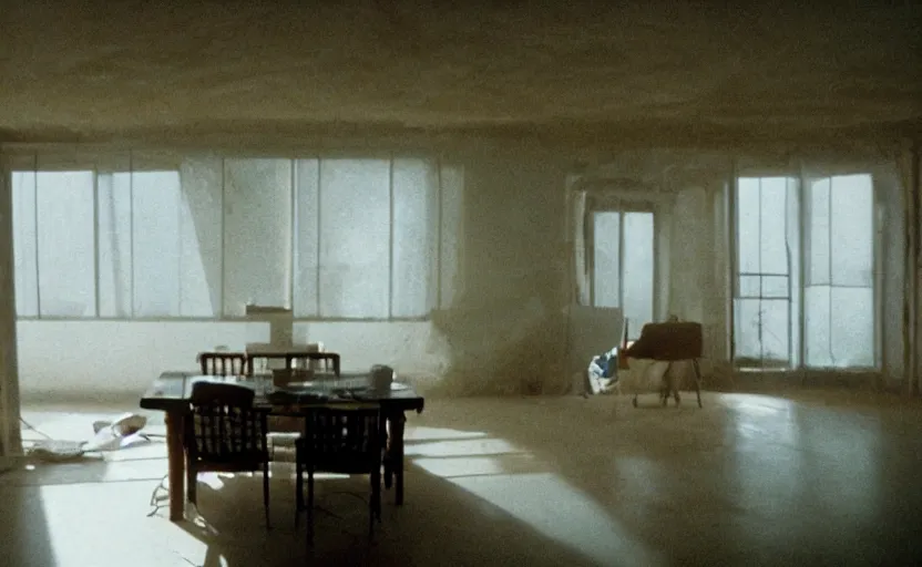 Image similar to screenshot photo low angle interior of a house built on nothing and something for the nothing underneath, scene from being john malcovich film directed by charlie kaufman ( 2 0 0 1 ), moody cinematography, 2 4 mm anamorphic lens, 3 5 mm film