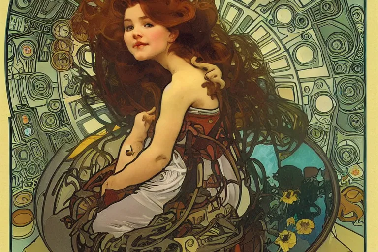 Image similar to a baby in a spaceship, very detailed, smooth render, illustration, art style by Alphonse Mucha