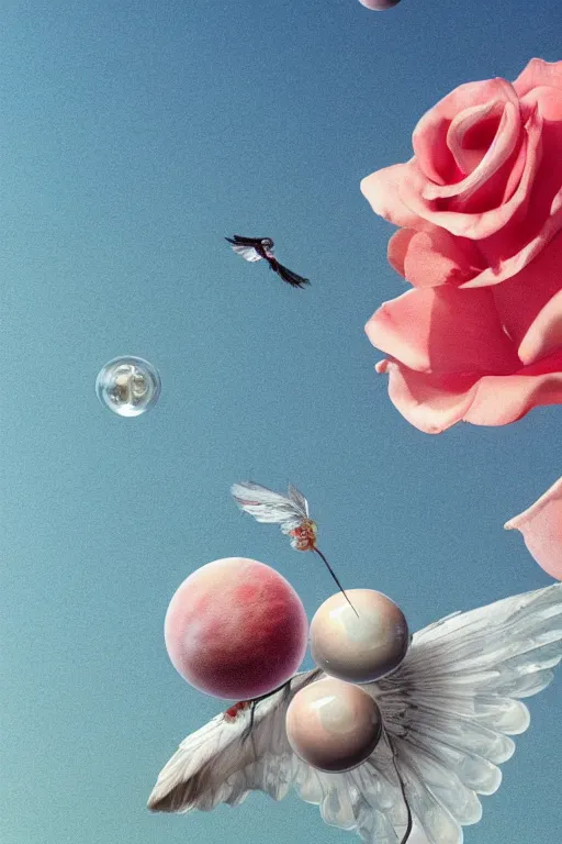 Image similar to milky crystal quartz eyeballs with wings. peach roses, background heavenly sky by basquiat, Trending on artstation. halo. octane render, cinematic, hyper realism, octane render, 8k, depth of field, 3D