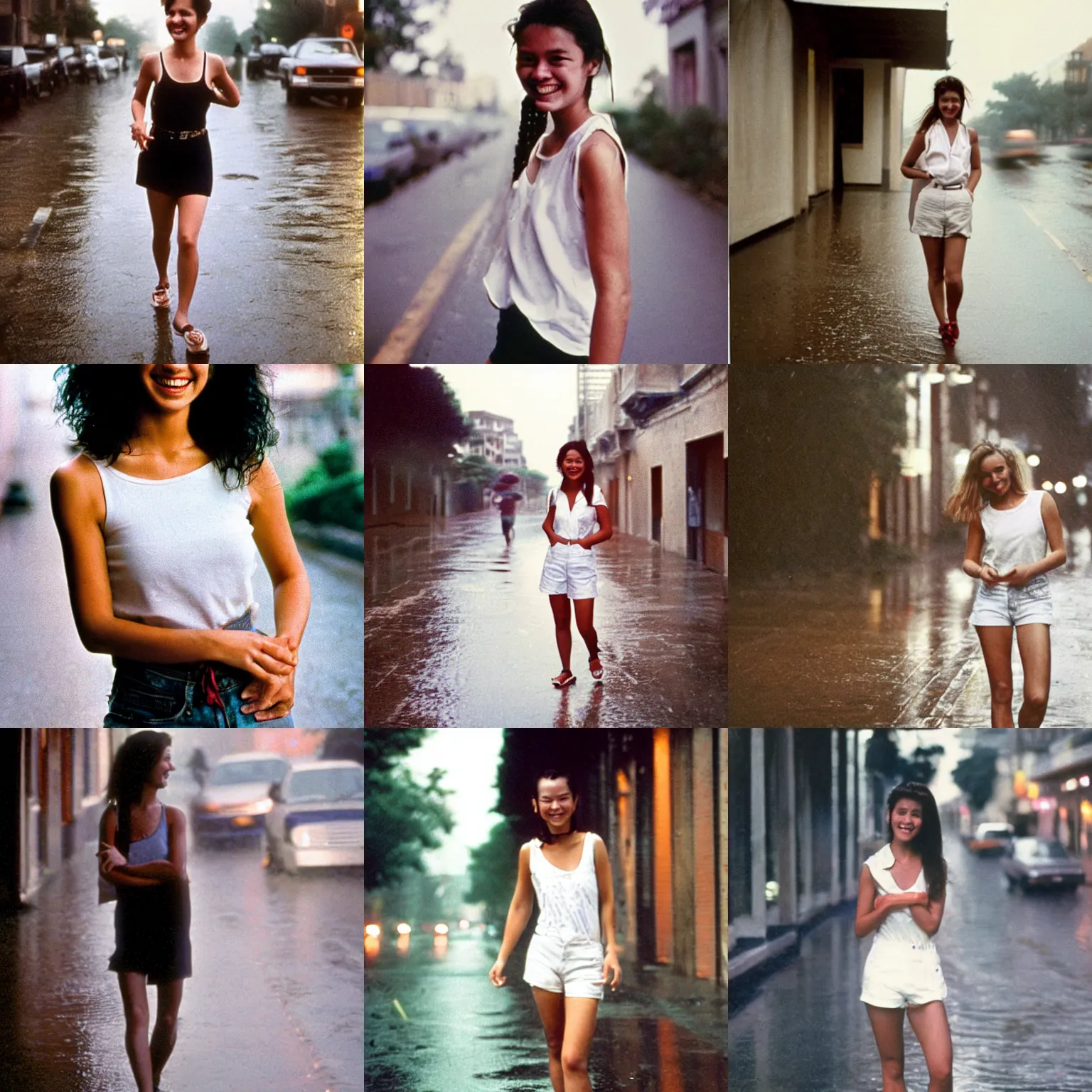Prompt: A middle-shot from front, color outdoor photograph portrait of a smiling young woman in sleeveless white shirt is walking on the rainy street, ambient lighting, 1990 photo from photograph Magazine.