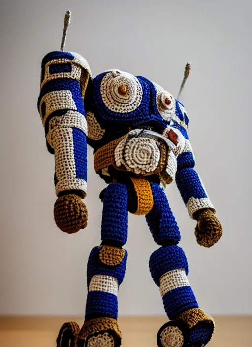 Prompt: a crochet mecha, realistic, no cropping, full body, Sigma 50 mm f/1.4