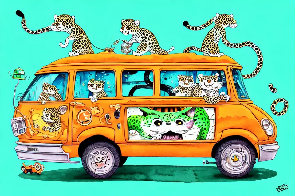 Image similar to cute and funny, baby leopard riding in a mystery machine van, ratfink style by ed roth, centered award winning watercolor pen illustration, isometric illustration by chihiro iwasaki, edited by range murata, tiny details by artgerm and watercolor girl, symmetrically isometrically centered, sharply focused