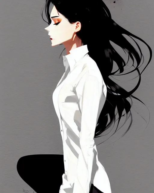 Image similar to a ultradetailed beautiful panting of a stylish woman, she is wearing a white shirt with a tie and black pants, by conrad roset, greg rutkowski and makoto shinkai trending on artstation