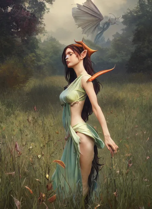 Image similar to A stunning elf female on a beutiful meadow, afternoon, art by Artgerm and Greg Rutkowski and Alphonse Mucha and miro manara, unreal 5, DAZ, hyperrealistic, octane render, RPG portrait, ambient light, dynamic lighting