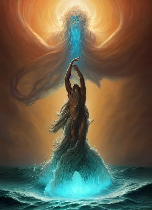 Prompt: a gigantic god rising from the ocean, ice coming out of his body, in the style of tomasz alen kopera and fenghua zhong and peter mohrbacher, mystical colors, rim light, beautiful lighting, 8 k, stunning scene, raytracing, octane, trending on artstation