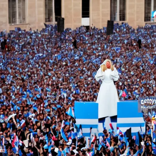 Image similar to Lady Gaga as president, Argentina presidential rally, Argentine flags behind, bokeh, giving a speech, detailed face, Argentina