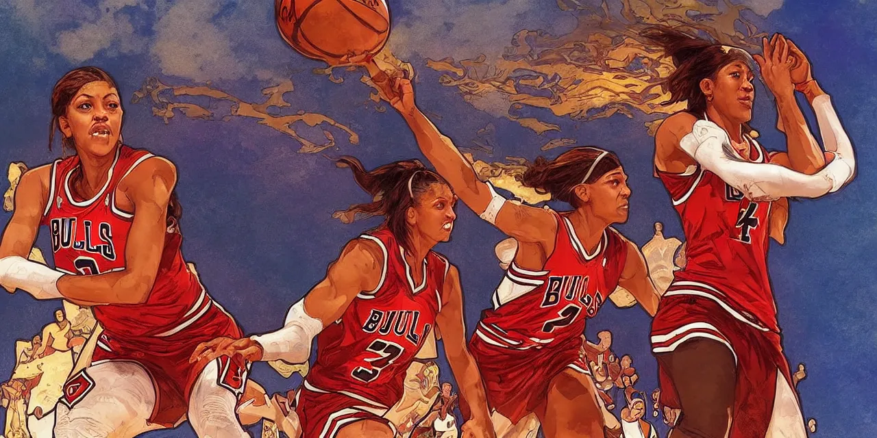 Image similar to candace parker playing basketball in a chicago bulls jersey art by artgerm and greg rutkowski and alphonse mucha, wide angle view,