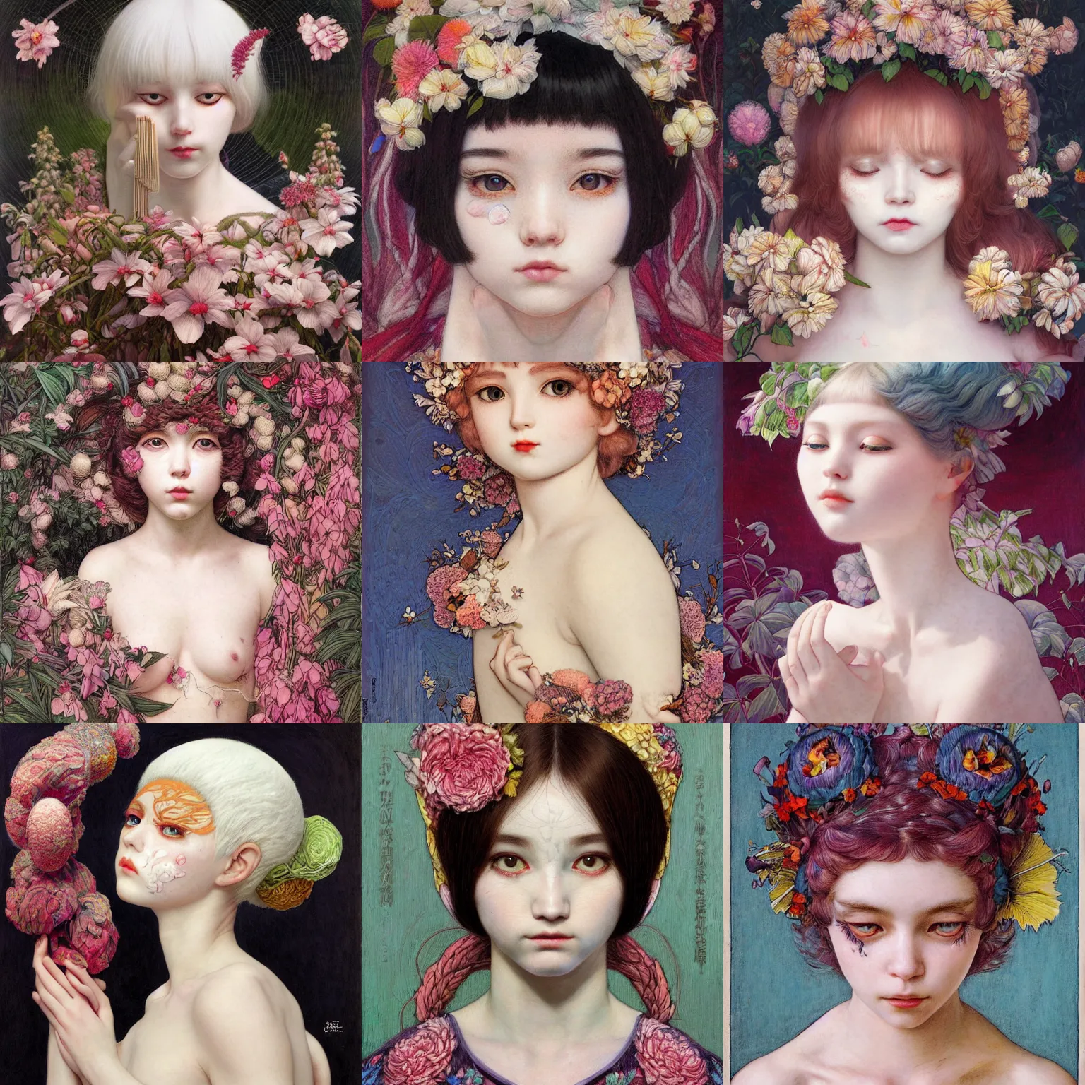 Image similar to white cat girl, botanical, portrait face, colorful, frantisek kupka, intricate, miles johnston, kuroda seiki, cynical realism, ozabu, john william godward, painterly, yoshitaka amano, moebius, miles johnston, louise zhang, james jean, mark ryden lowbrow pop surrealism art style