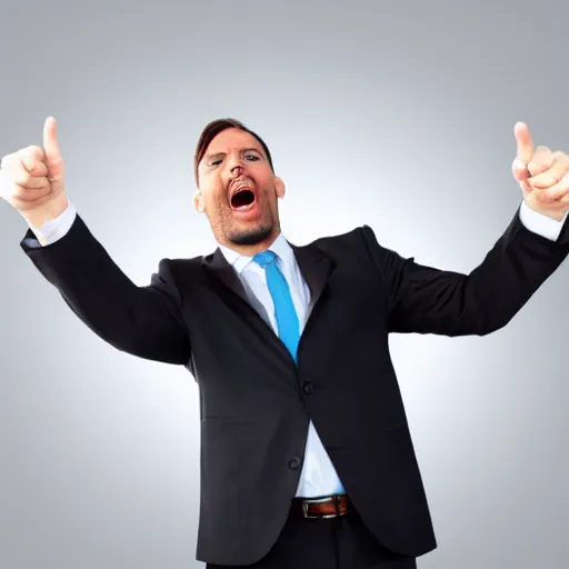 Prompt: stock photo of businessman screaming while pointing at fire