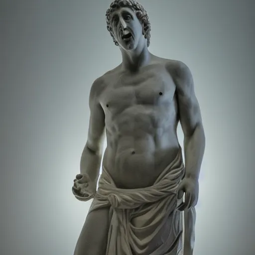 Image similar to a realistic greek white marble statue of adam sandler wearing a ghostly toga getting kicked in the balls, displayed in a museum art gallery, moody, dramatic lighting, dark, photorealistic, cinematic scene, super detailed, hyper realistic, bright lights, 8 k