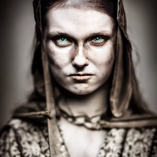 Image similar to stunning beautiful portrait photography of medieval thieve from national geographic award winning, dramatic lighting, taken with canon 5d mk4, sigma art lens