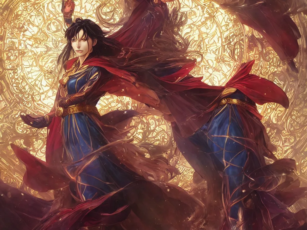 Image similar to anime key visual of one beautiful female doctor strange, marvel comics, spells, magic, intricate, inside magical temple stunning, highly detailed, digital painting, artstation, smooth, hard focus, illustration, art by artgerm and greg rutkowski and alphonse mucha