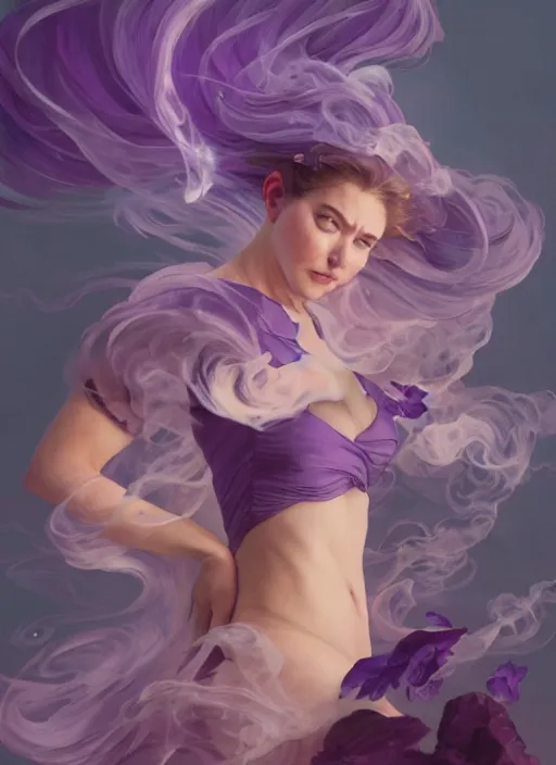 Image similar to madam mim, purple smoke aura in motion, floating pieces, painted art by tsuyoshi nagano, greg rutkowski, artgerm, alphonse mucha, spike painting