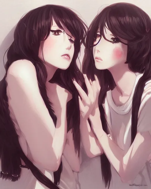 Image similar to portrait of two girls kissing, anime, drawn by WLOP, trending on Artstation