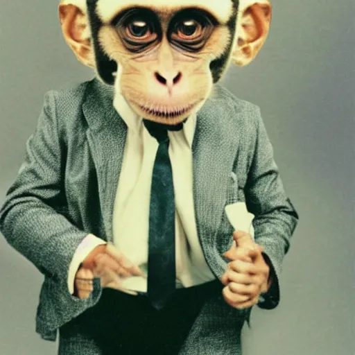 Prompt: Monkey in a suit, vintage photo in 1980s