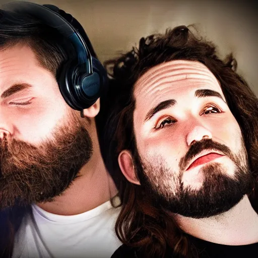 Image similar to photorealistic photo of two podcast hosts, being dead by a conversation, cinematic, hdr +