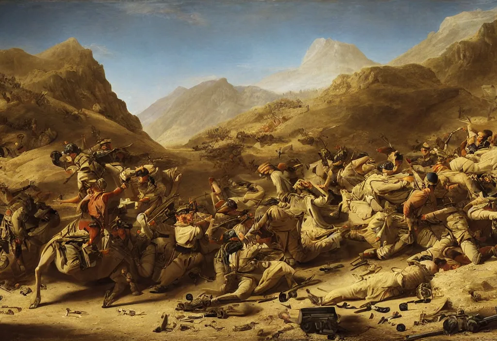 Image similar to afghanistan war by jacques - louis david, desert, us army, battlefield, helicopters firing, bombs