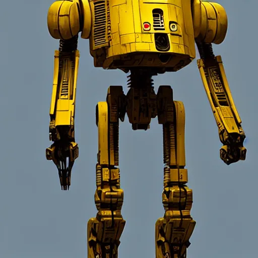 Image similar to tall strong intricate chiseled yellow pit droid, by Greg Rutkowski