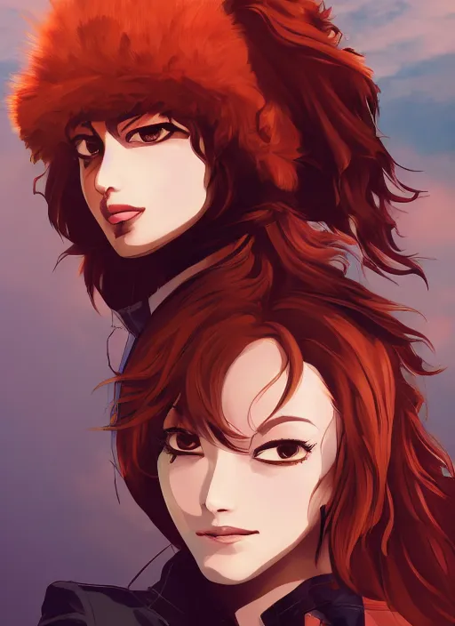 Image similar to full size persona, female sheriff, detail, ultra sharpness, beautiful female, detailed face, art by huyy nguyen, style by cain kuga, cowboy bebop art style, 3 2 beautiful color palettes with their corresponding gradient, stroke line