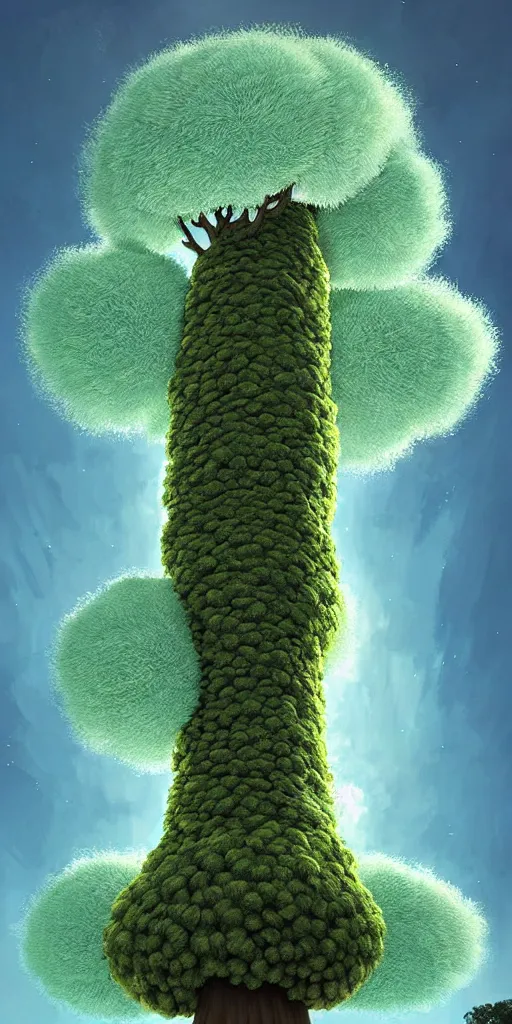 Prompt: an impossibly tall pompom tree with an extremely long trunk looming above the viewer, viewed from below, digital illustration by artgerm and rutkowski and kunstler, surreal, photorealistic