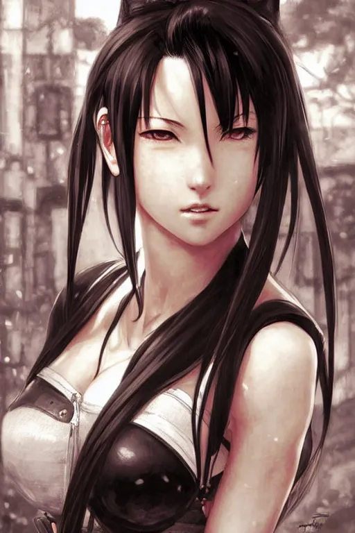 Image similar to highly detailed manga line art portrait of tifa from Final Fantasy, very detailed, realistic, by Stanley Artgerm Lau, greg rutkowski, thomas kindkade, alphonse mucha, loish, norman rockwell J.