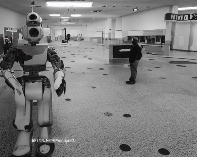 Prompt: camera footage of a Darpa Robot hunting people in an abandoned shopping mall, high exposure, dark, monochrome, camera, grainy, CCTV, security camera footage, timestamp, zoomed in, fish-eye lense, Robot, Drone, Intense, Darpa,