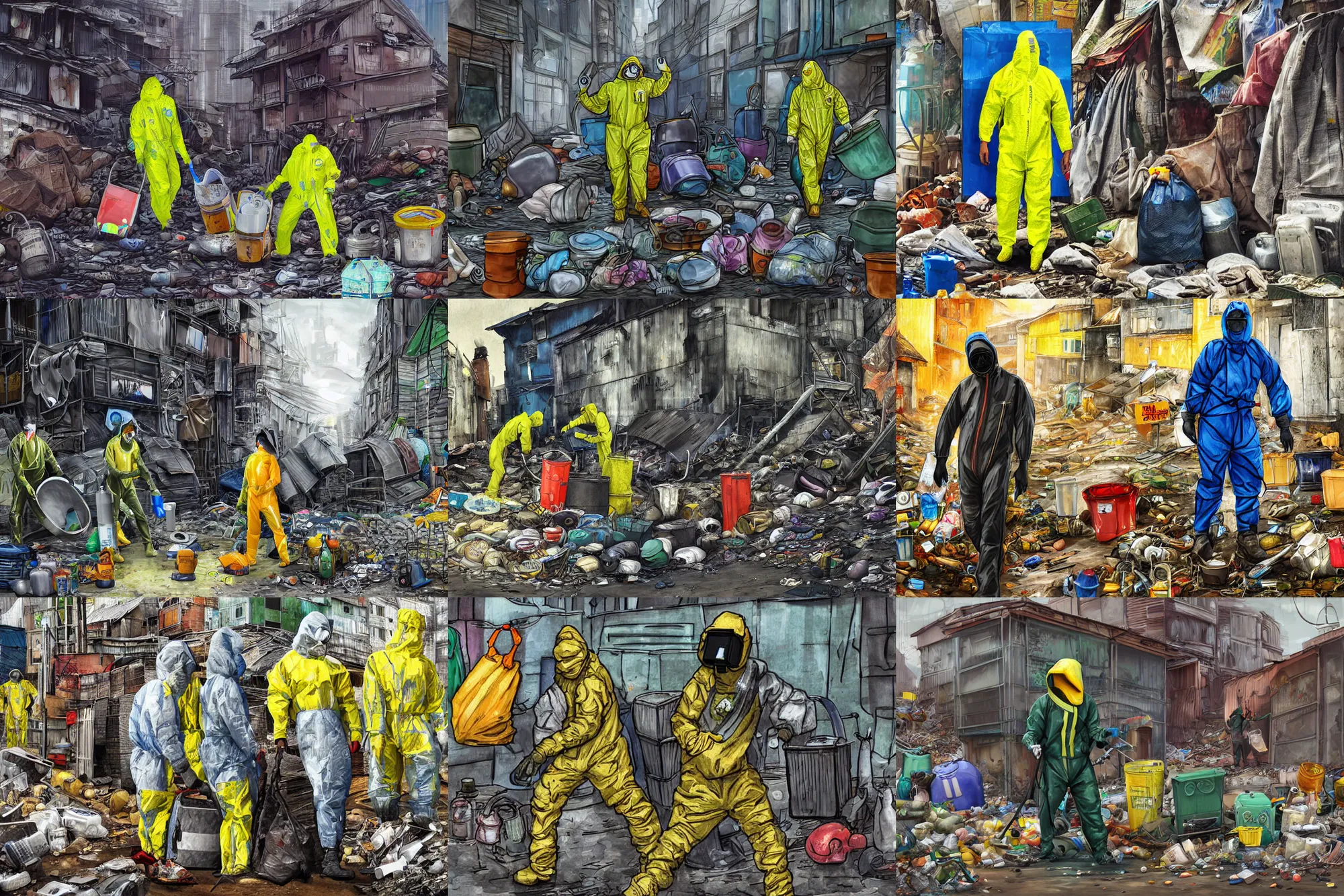 Prompt: man in biohazard suits collecting garbages with high technology device in fillland slum, digital art style, illustration painting