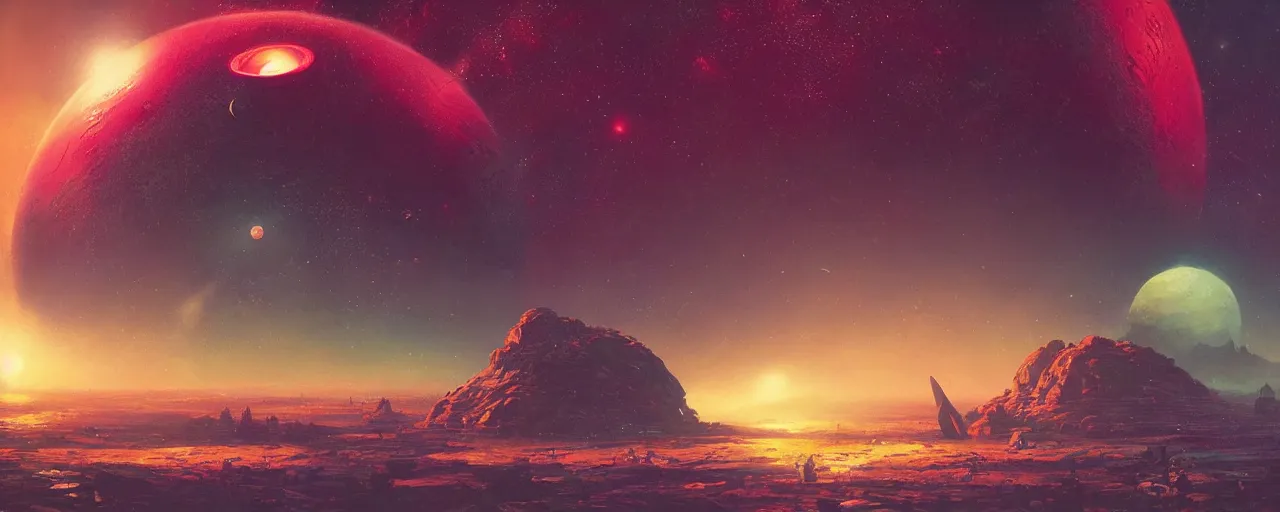 Image similar to ” outer planet made of jelly, [ art by paul lehr, cinematic, detailed, epic, widescreen, opening, establishing, mattepainting, photorealistic, realistic textures, octane render ] ”