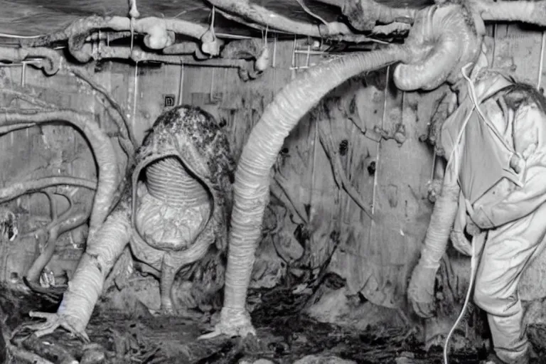 Prompt: a man in a hazmat suit looks on helplessly as a huge alien fungus monster grows out of control in a creepy underground lab with science and computer equipment