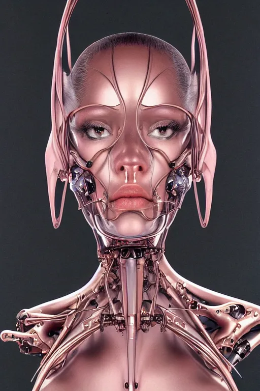 Image similar to organic cyborg head wrapped in silk by Hajime Sorayama and Jamie Coreth, trending on artstation, centered, symmetrical, electric hair, bilateral symmetry, 80s poster, polished, thick smoke, retro dark vintage sci-fi, 2D matte illustration