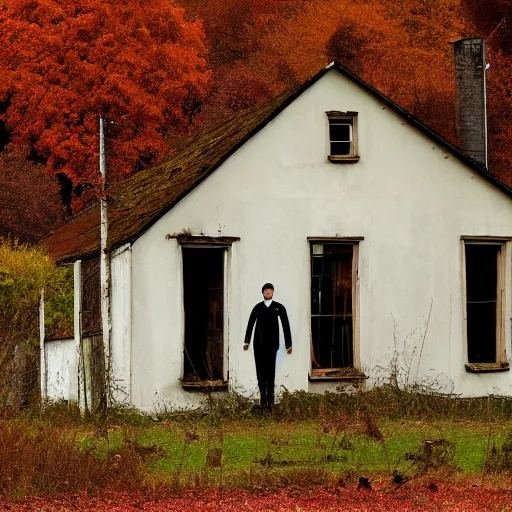 Prompt: a decaying georgian farmhouse. two tall thin men in frock coats stand outside. folk horror. autumnal colours