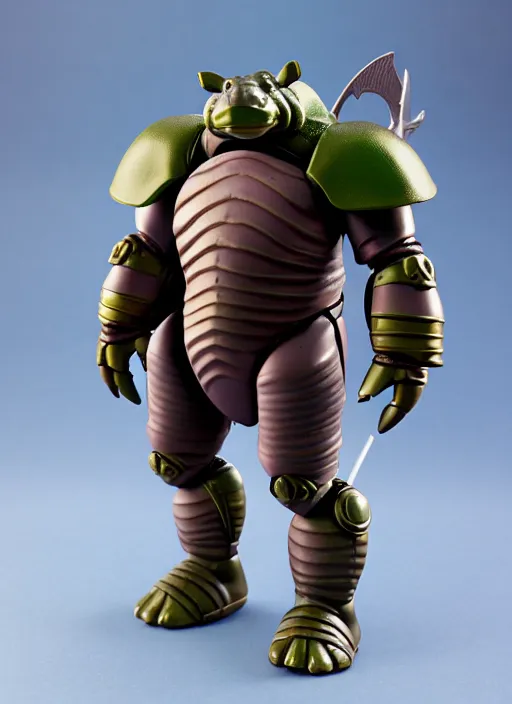 Image similar to Anthropmorphic hippo knight action figure from Micronauts, TMNT, MOTU, symmetrical details, by Hasbro, Playmates Toys, Don Bluth, tfwiki.net photography, product photography, official media