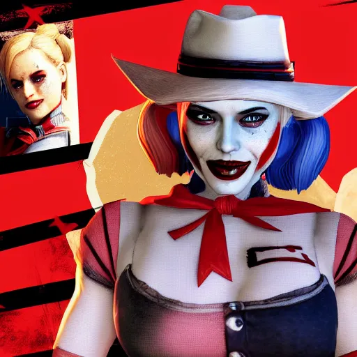 Image similar to Film still of Harley Quinn, from Red Dead Redemption 2 (2018 video game)