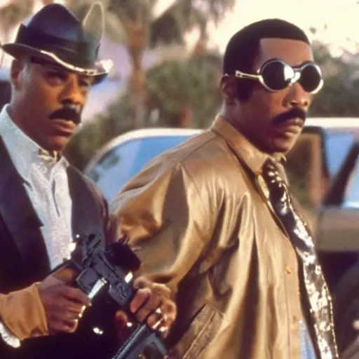 Image similar to a still of the cats gunfighting from the buddy cop movie beverly hills cat 2, with eddie murphy