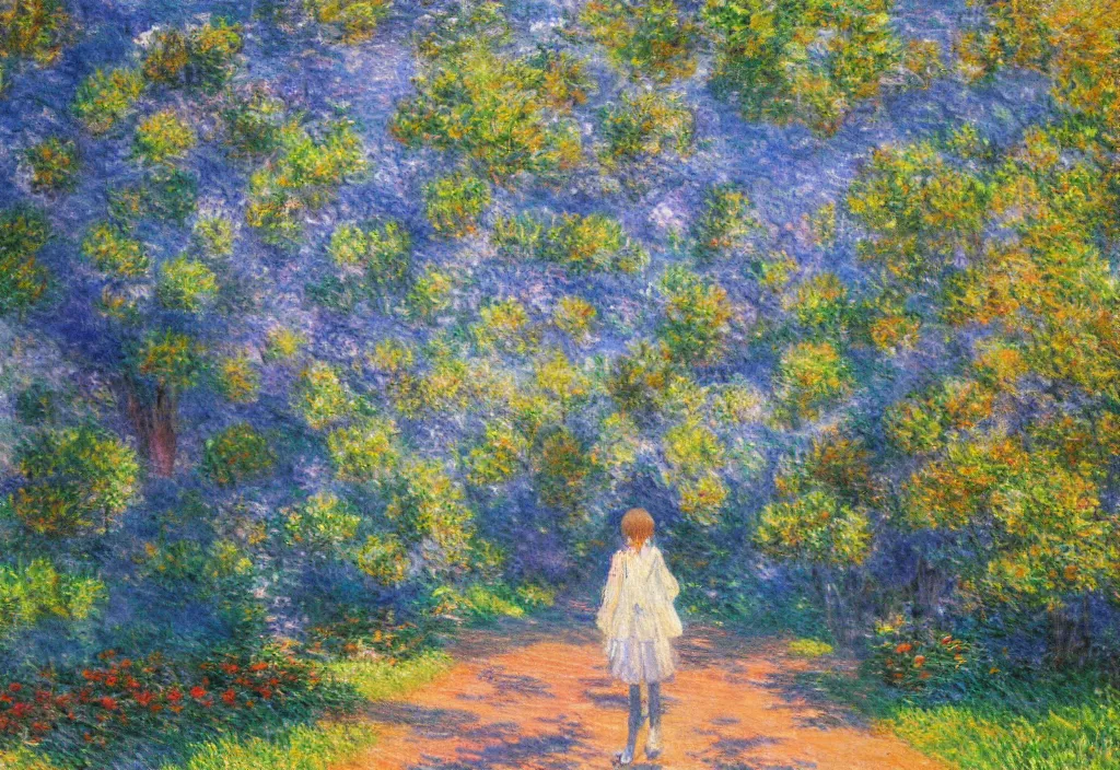 Prompt: very anime scenery, blue outfit, very anime in impressionist style, trending artwork, anime painter studio, by claude monet