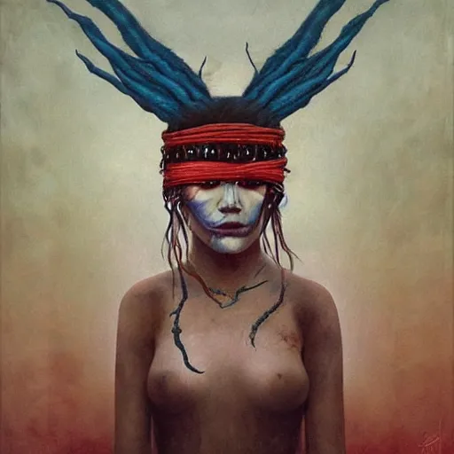 Image similar to A young blindfolded shaman woman with a decorated headband from which blood flows, in the style of heilung, blue hair and wood on her head. The background is a forest on fire, made by Esao Andrews and Karol Bak and Zdzislaw Beksinski,