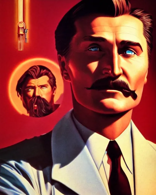 Image similar to Errol Flynn as a scientist. 1980s dystopian Soviet Russia, propaganda screens. Unreal engine, fantasy art by Ilya Kuvshinov. Faithfully depicted facial expression, perfect anatomy global illumination, radiant light, detailed and intricate environment