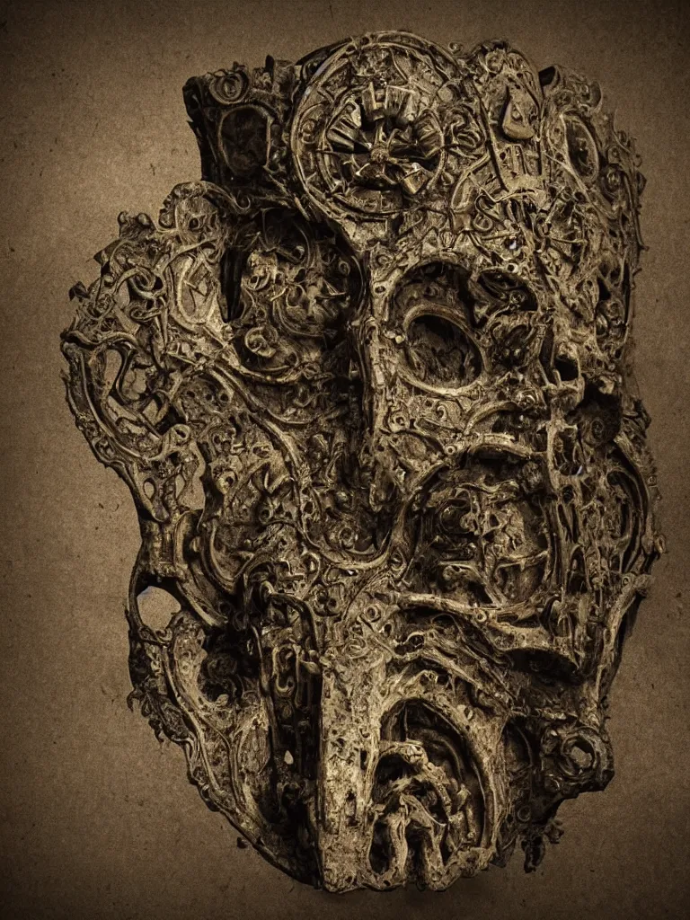 Image similar to extra wide view. an ominous dark ancient mask. barron. worn out photography. sepia. cracks. hyper - detailed. gothic steampunk. low poly medieval baroque. symmetric. epic. hyper - realistic. unreal render.